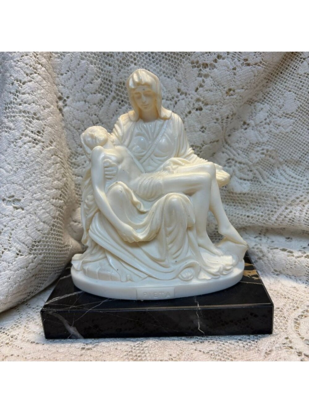 Vintage Italian Pietà Sculpture by Ruggeri, Madonna & Christ, Marble Base, Made